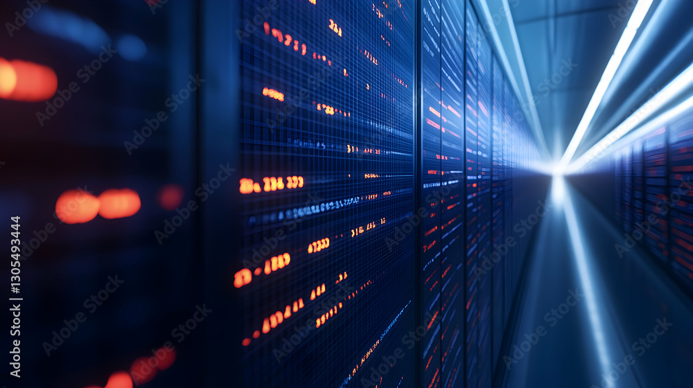 Aufkleber a close-up view of modern data servers with vibrant blue and orange lights, illustrating the advance
