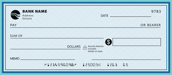 Blank money cheque. Bank check. Blue Check book template with pattern and empty fields. Currency payment coupon, US dollar check background.