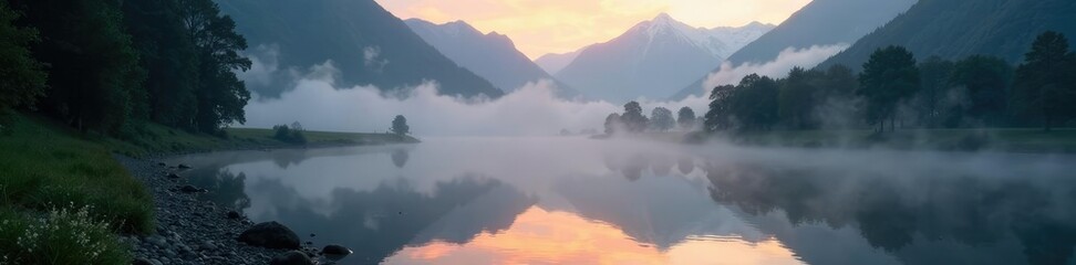 Obraz premium Misty dawn in the Swiss Alps with a black and white river, serene, misty morning, mist