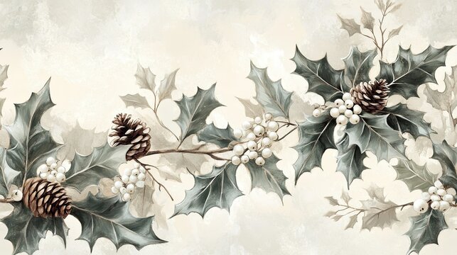 A beautiful vintage wallpaper with holly leaves, pine cones, and white berries in muted colors