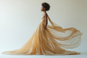 A Black woman in a flowing gold gown, elegance personified, grace in motion.