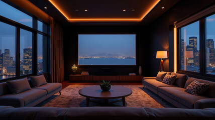 Home theater setup in the living room with city lights outside
