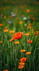 Fototapeta premium A solitary poppy blooms in a sea of green grass, field, wildflowers, poppy