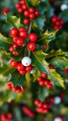 Obraz premium A sprig of holly with bright red berries and small white ornaments, festive, berries