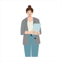 PrintSmiling woman businesswoman standing with tablet in hands.Business advisor or manager in formal clothes. Flat vector illustration of modern office worker isolated on white background
