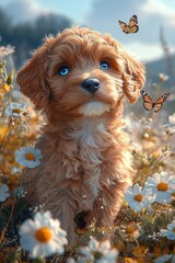 A small brown dog sitting in a field of flowers