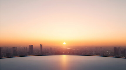 Fototapeta premium A breathtaking sunset view over a city skyline, with vibrant hues of orange and yellow reflecting off the water's surface, creating a serene and tranquil atmosphere.