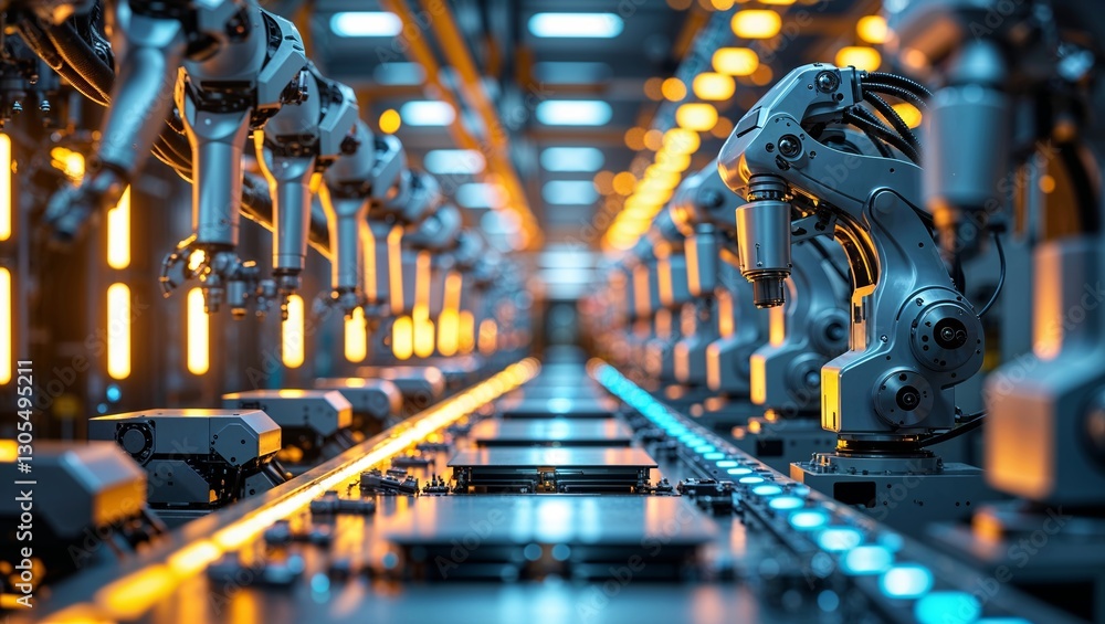 Poster advanced industrial robots working in an automated factory during a production cycle
