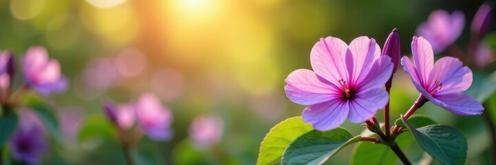 Fototapeta premium Soft plum-colored hues blending with greenery and sunlight, purple flowers, soft