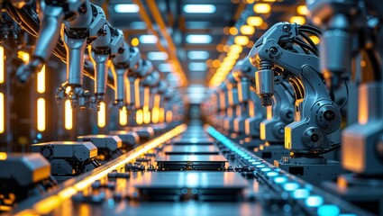 Advanced industrial robots working in an automated factory during a production cycle