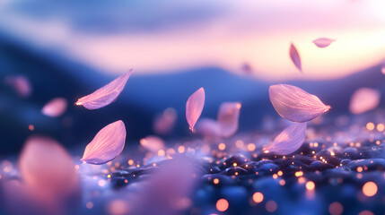 Delicate pink petals gently drift through the air against a soft twilight backdrop. This serene image captures the beauty of nature and the tranquil movements of blooming flowers.