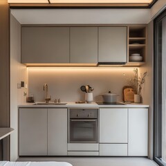 An interior view showcasing a modern minimalist kitchen design
