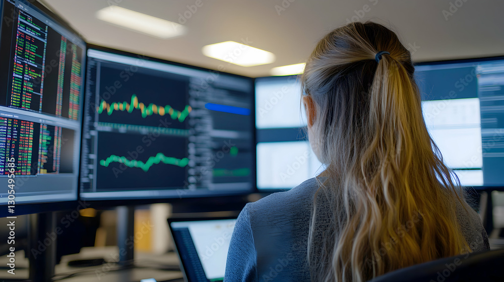 Poster a focused professional analyzes stock market data on multiple screens, showcasing the dynamic enviro