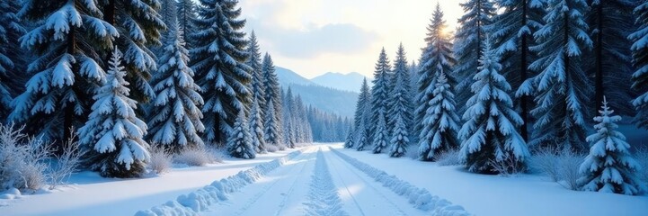 Obraz premium Dense winter forest landscape with snow-covered road and Christmas trees in the foreground, snowy trees, winter forest