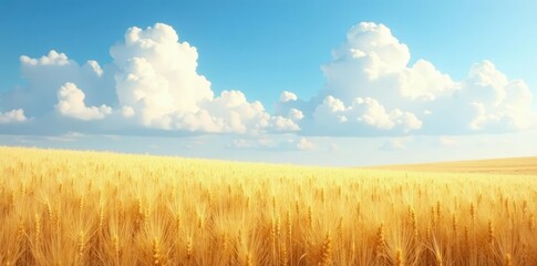 Soft white clouds drift over a golden wheat field, serene, soft, landscape