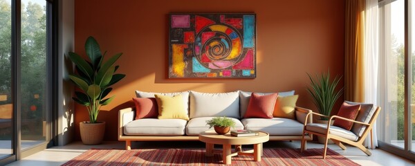 Modern living room with stylish furniture, vibrant artwork, and lush plants, creating a cozy and inviting atmosphere for contemporary interiors.