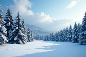 Obraz premium Dense forest of coniferous trees under snow-covered sky, winter landscape, forest scenery