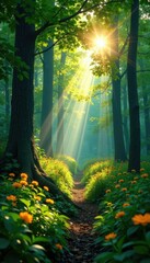 Obraz premium Dense forest foliage, sunlight filtering through leaves, woodland, tree, wildflowers