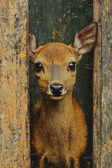 A painting of a deer peeking out of a wooden door