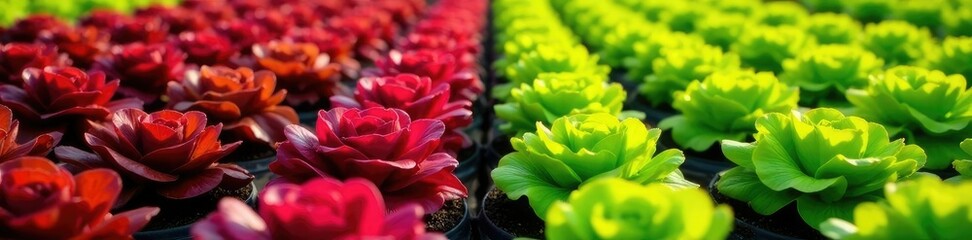Rows of lettuce plants with red and green shades growing side by side, agriculture, crops