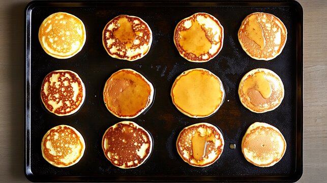 Flat griddle surface sizzling with pancake batter circles slight bubbles forming on top evoking a cozy breakfast routine