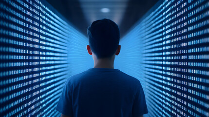 A young person stands in a corridor illuminated by blue lights, evoking a sense of curiosity and innovation. The scene represents the blend of youth and modern technology.