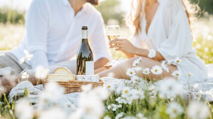 Romantic couple having picnic in a meadow with wine and flowers for wedding blogs, engagement photography, spring celebration websites, and lifestyle inspiration