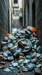 A pile of garbage in an alley with flies buzzing around it, insects, pile, garbage