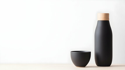 A sleek black bottle and a matching bowl are elegantly displayed on a light wooden surface against a clean white background, perfect for minimalistic aesthetic design.