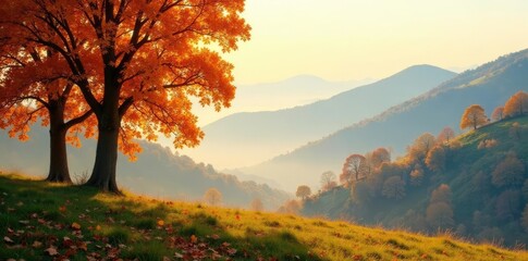 Warm autumn beech tree canopies golden hues layered with misty hills, misty atmosphere, hillside