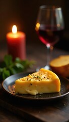 Warm candlelight flickers over melted cheese and wine, table, cheese
