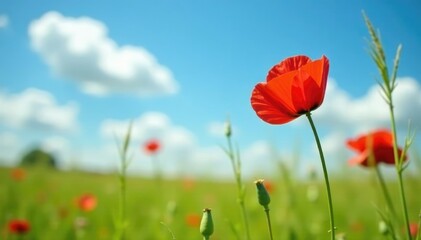 Fototapeta premium A delicate poppy grows amidst tall grasses in an English meadow against a bright blue sky, england, field, countryside