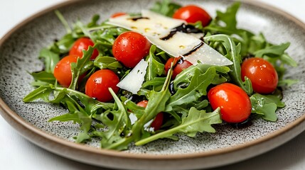 Fresh arugula salad with cherry tomatoes shaved parmesan and a drizzle of balsamic glaze elegantly arranged on a modern ceramic plate shot with soft natural lighting