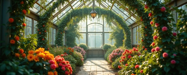 A vibrant greenhouse filled with colorful flowers and lush greenery, creating a serene and inviting atmosphere for nature lovers and gardening enthusiasts.