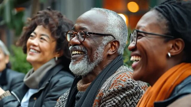 Joyful gathering of friends sharing laughter and smiles in a vibrant urban setting