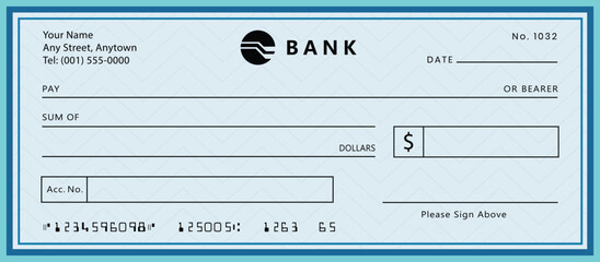Blank money cheque. Bank check. Blue Check book template with pattern and empty fields. Currency payment coupon, US dollar check background.