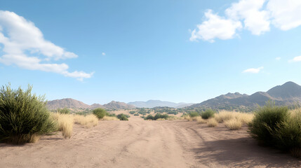 Fototapeta premium A serene desert landscape featuring sandy paths, sparse vegetation, and distant mountains under a bright blue sky. The scene reflects tranquility and the beauty of nature.