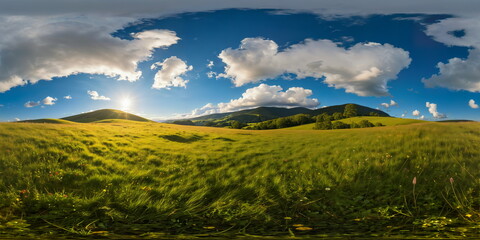 Fototapeta premium Full 360 degrees seamless spherical panorama HDRI equirectangular projection of green fields under blue cloudy sky. Texture environment map for lighting and reflection source rendering 3d scenes.
