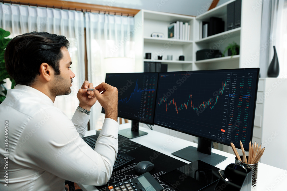Poster smart trader businessman analyzing in two dynamic stock exchange investment screen on pc with invest