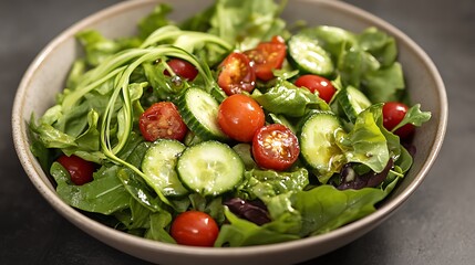 Fresh garden salad of mixed greens cucumber ribbons cherry tomatoes and a light vinaigrette elegantly tossed in a simple ceramic bowl