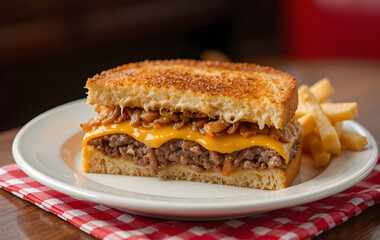 diner-style presentation of a Whataburger patty melt on a white plate with a red gingham napkin. The sandwich is sliced in half to reveal layers of melted cheese, beef, and onions, paired with a side