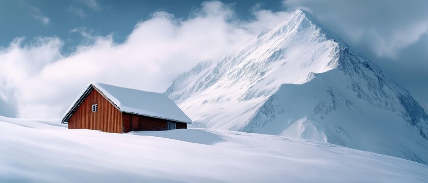 A solitary cabin rests on a snowy plain beneath a towering mountain, enveloped by clouds in a serene winter scene.