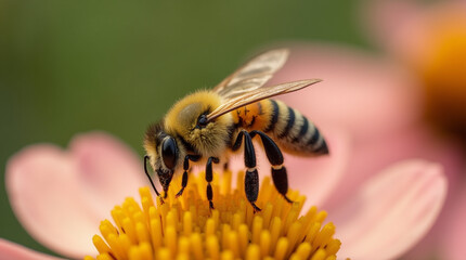 Fototapeta premium Bumblebee in Action: Pollinating Flowers with Yellow Pollen in a Wild Garden During Spring