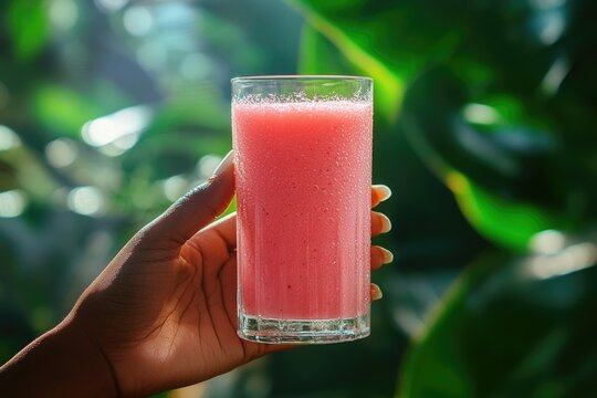 Refreshing pink smoothie in a glass, held by a hand against a lush green backdrop. - Powered by Adobe
