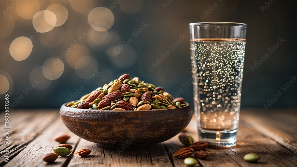 Poster crunchy nuts and sparkling water create a refreshing snack experience on a rustic wooden table