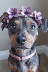A dog with a flower crown on its head