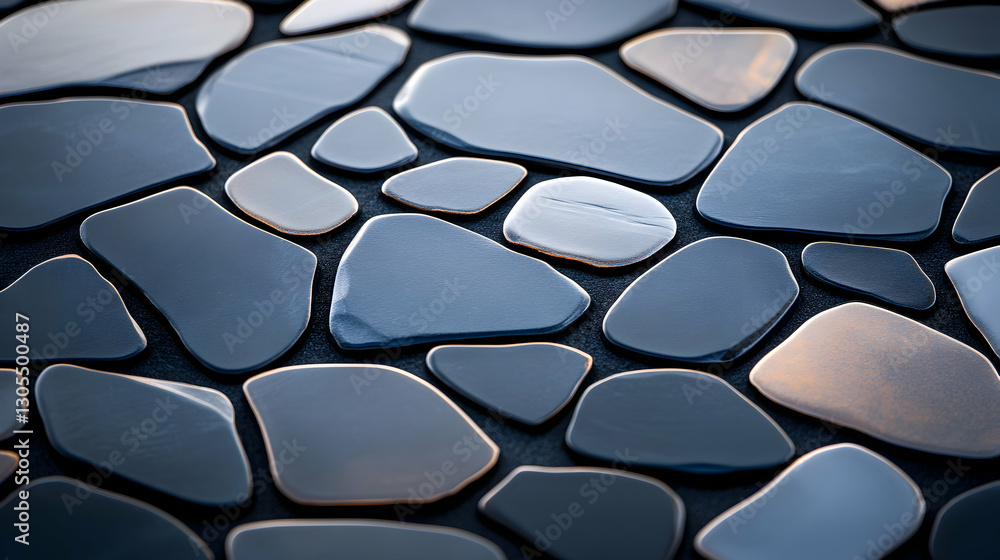 Poster a close-up view of smooth, polished stones arranged randomly on a flat surface, showcasing natural t