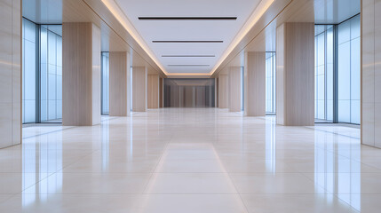 A modern, spacious hallway featuring sleek lines, natural light, and minimalist design elements