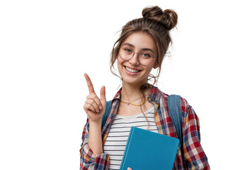 Young female student in casual plaid shirt and striped top, holding a blue notebook, wearing a backpack, making a peace sign gesture, cheerful expression, white background.