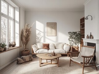 A cozy living room with natural light and neutral colors